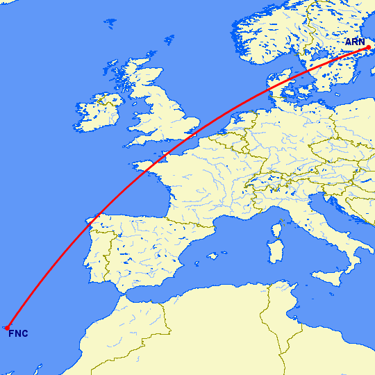 перелет Стокгольм — Фуншал  на карте