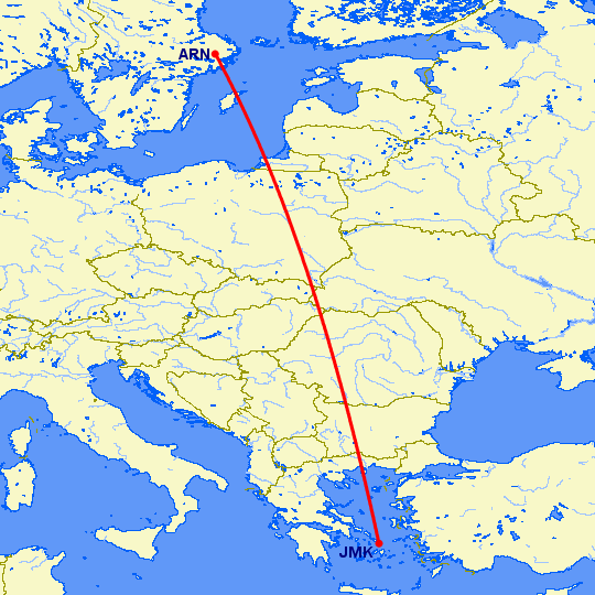 перелет Стокгольм — Миконос на карте