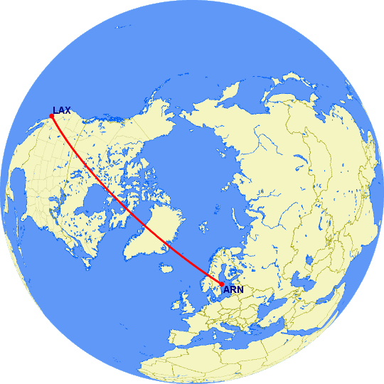 перелет Стокгольм — Лос Анджелес на карте