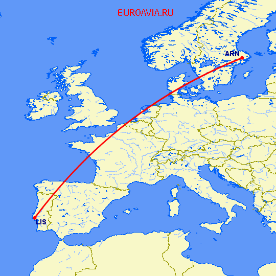 перелет Стокгольм — Лиссабон на карте