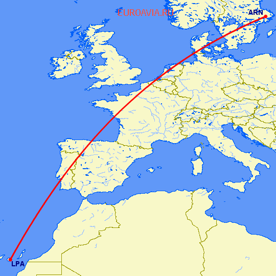 перелет Стокгольм — Лас Пальмас на карте