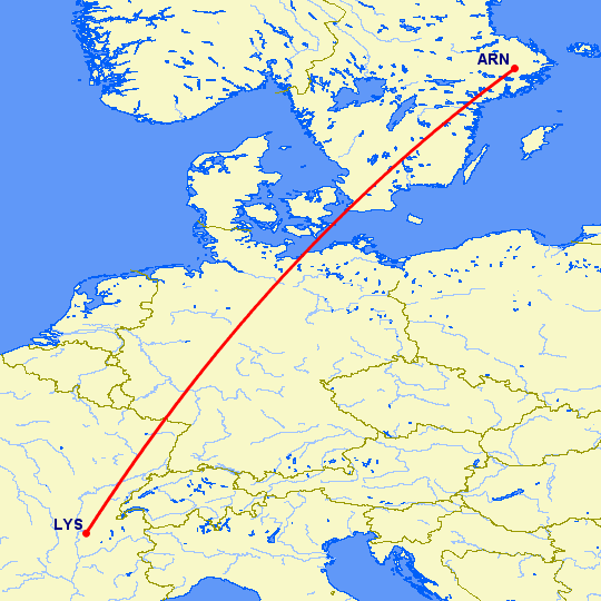 перелет Стокгольм — Лион на карте