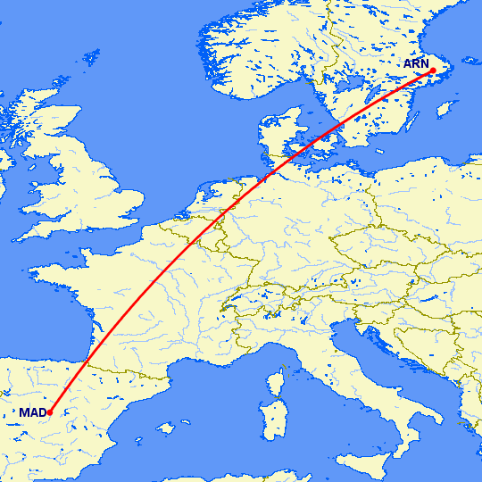 перелет Стокгольм — Мадрид на карте