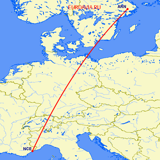 перелет Стокгольм — Ницца на карте