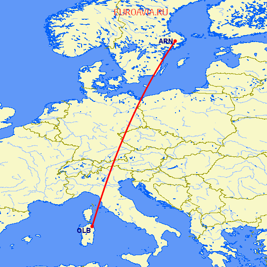 перелет Стокгольм — Costa Smeralda на карте