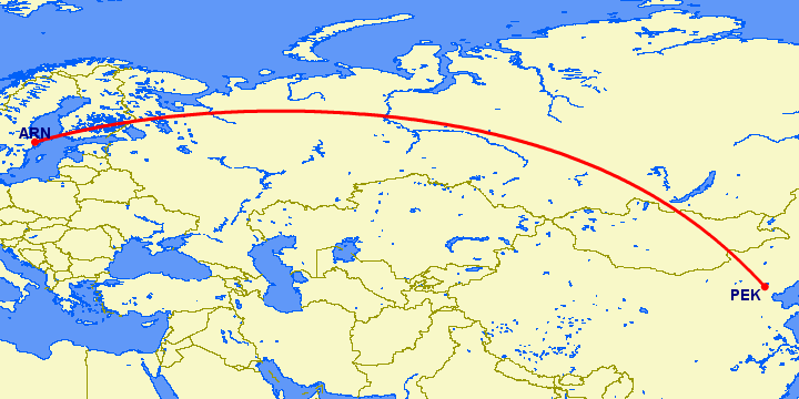 перелет Стокгольм — Пекин на карте