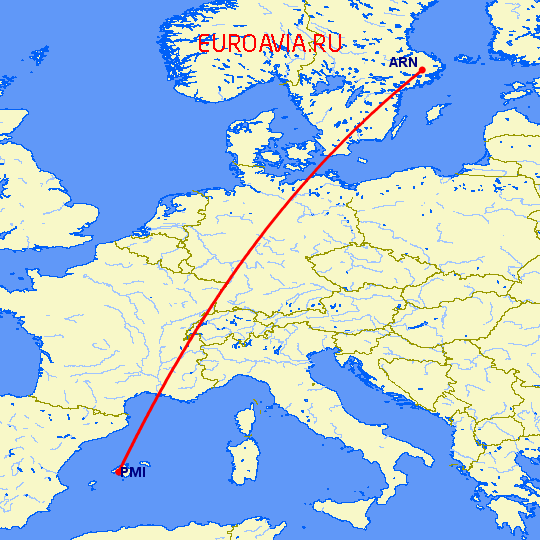 перелет Стокгольм — Пальма де Майорка на карте