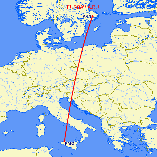 перелет Стокгольм — Палермо на карте
