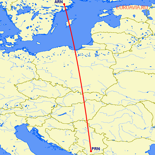 перелет Стокгольм — Приштина на карте