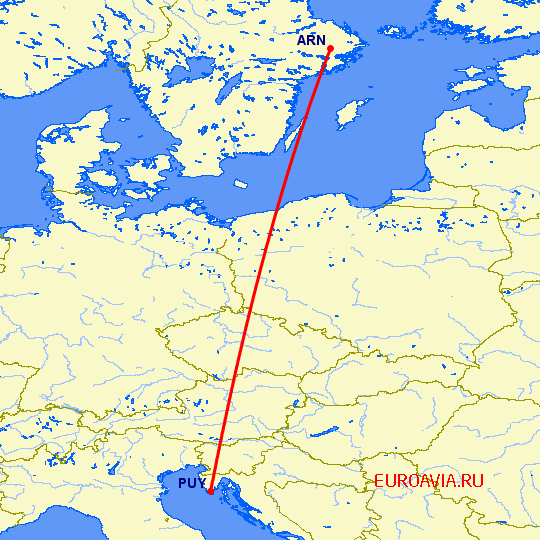 перелет Стокгольм — Пула на карте