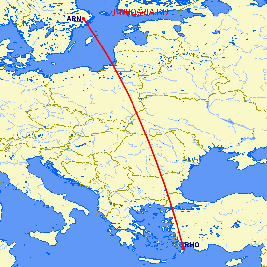 перелет Стокгольм — Родос на карте