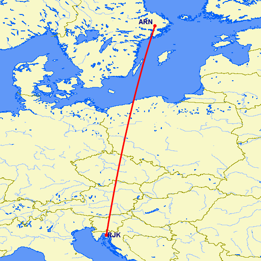 перелет Стокгольм — Риека на карте