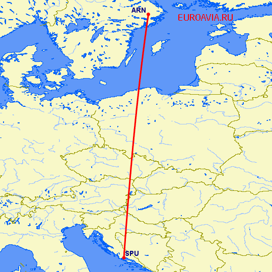 перелет Стокгольм — Сплит на карте