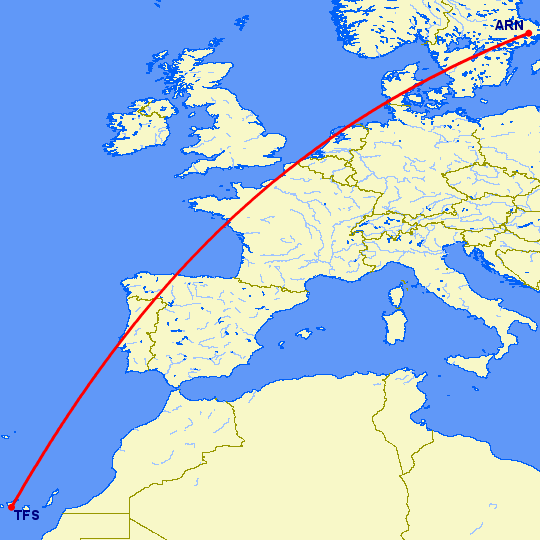 перелет Стокгольм — Тенерифе на карте