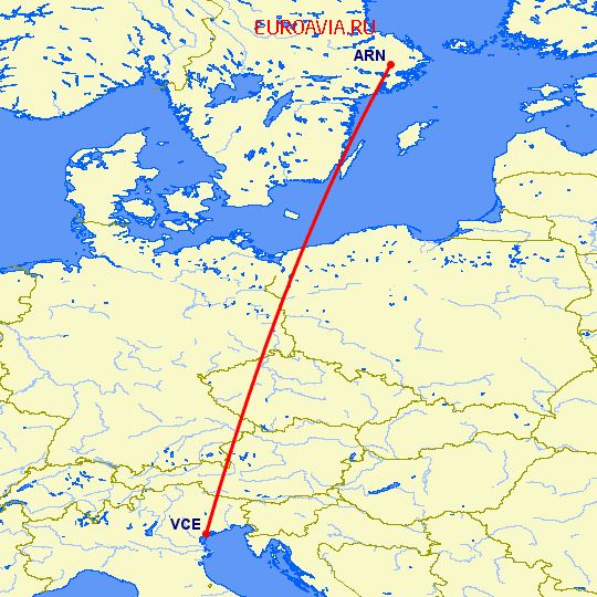 перелет Стокгольм — Венеция на карте