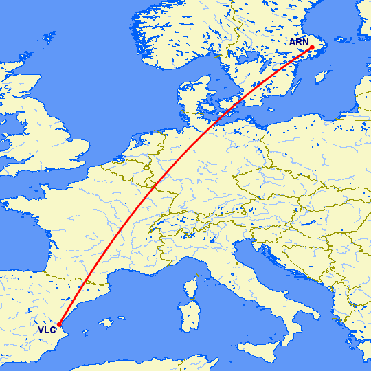 перелет Стокгольм — Валенсия на карте