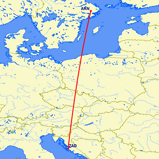перелет Стокгольм — Задар на карте