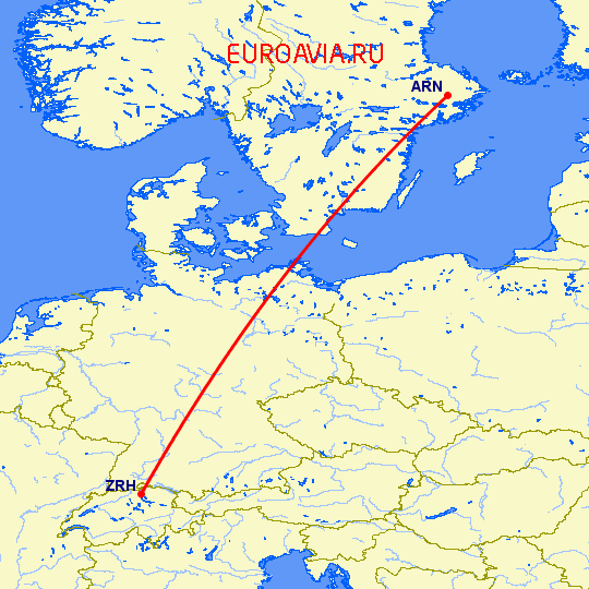 перелет Стокгольм — Цюрих на карте