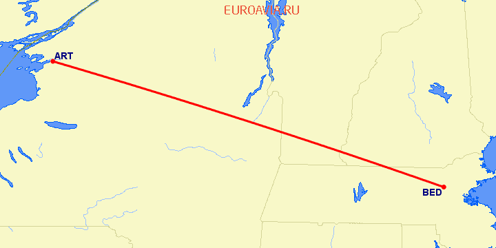 перелет Вотертаун — Bedford-Hanscom на карте