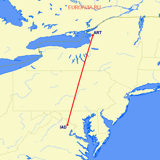 перелет Вотертаун — Вашингтон на карте