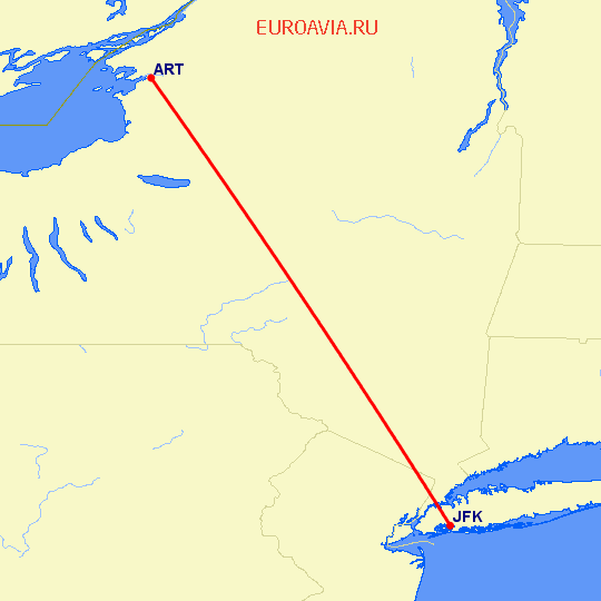 перелет Вотертаун — Нью Йорк на карте