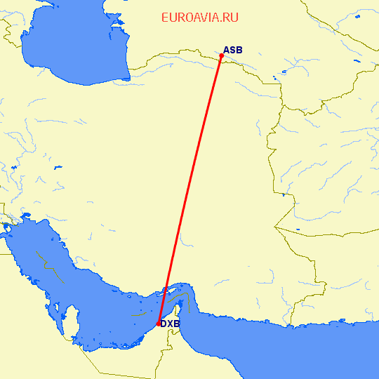 перелет Ашхабад — Дубай на карте