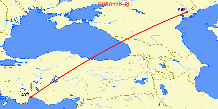 перелет Астрахань — Анталия на карте