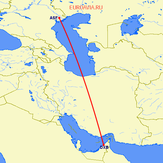 перелет Астрахань — Дубай на карте