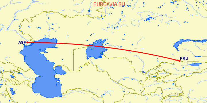 перелет Астрахань — Бишкек на карте