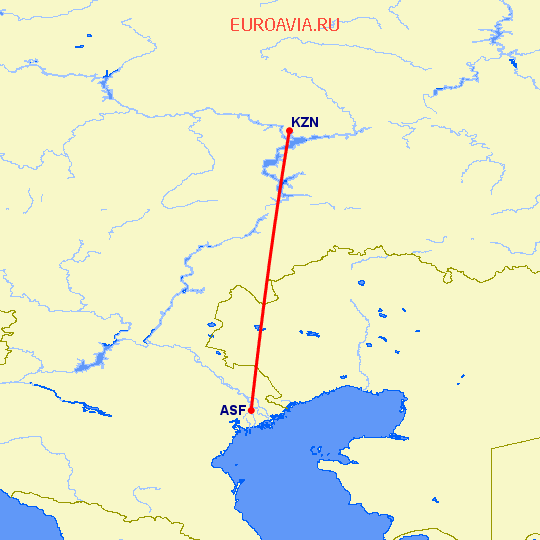 перелет Астрахань — Казань на карте