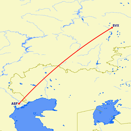 перелет Астрахань — Екатеринбург на карте