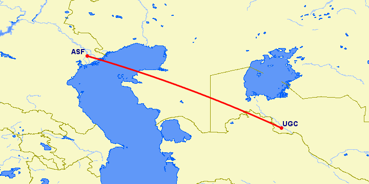перелет Астрахань — Ургенч на карте