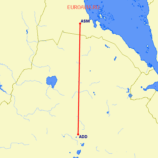 перелет Асмэра — Аддис Абеба на карте