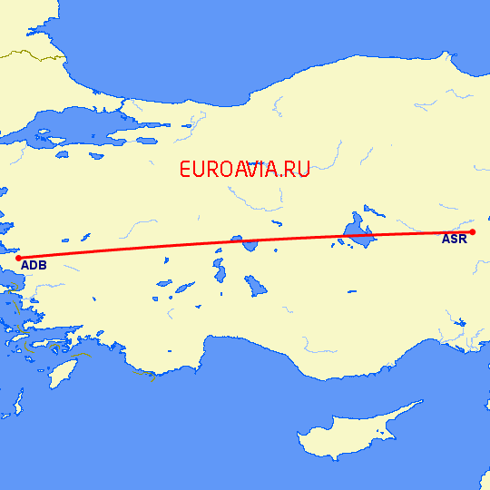 перелет Кайсери — Измир на карте