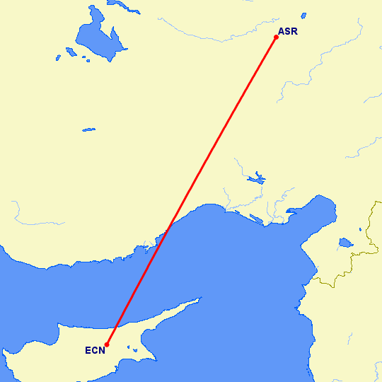 перелет Кайсери — Никосия на карте