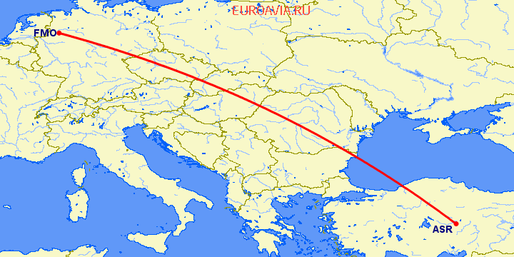 перелет Кайсери — Мюнстер-Оснабрюк на карте