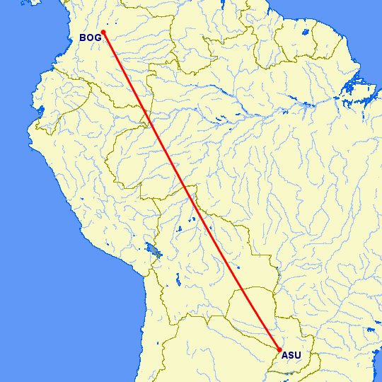 перелет Асунсьон — Богота на карте