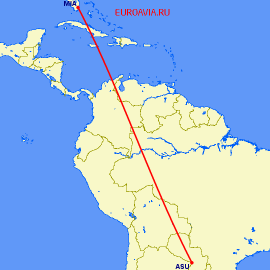 перелет Асунсьон — Майами на карте