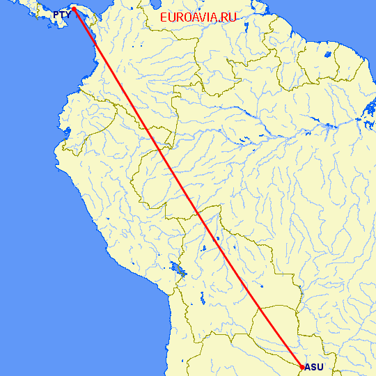 перелет Асунсьон — Панама Сити на карте