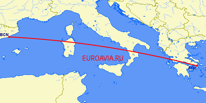 перелет Афины — Барселона на карте