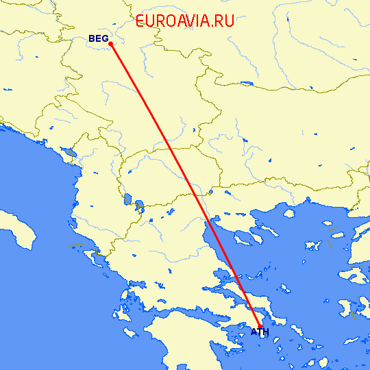 перелет Афины — Белград на карте