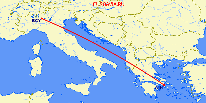 перелет Афины — Бергамо на карте