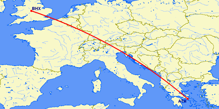перелет Афины — Бирмингем на карте