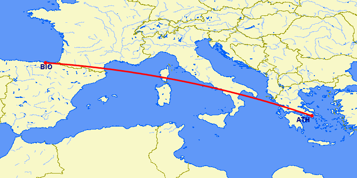 перелет Афины — Бильбао на карте