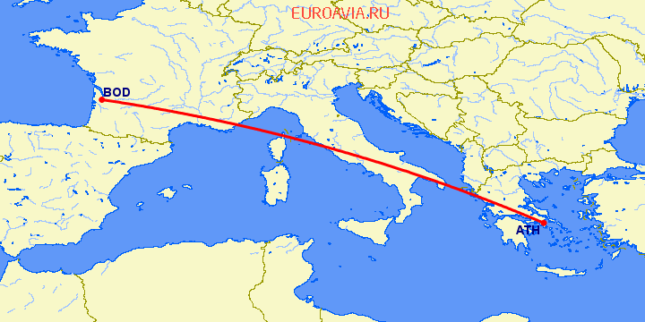 перелет Афины — Бордо на карте