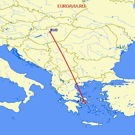 перелет Афины — Будапешт на карте