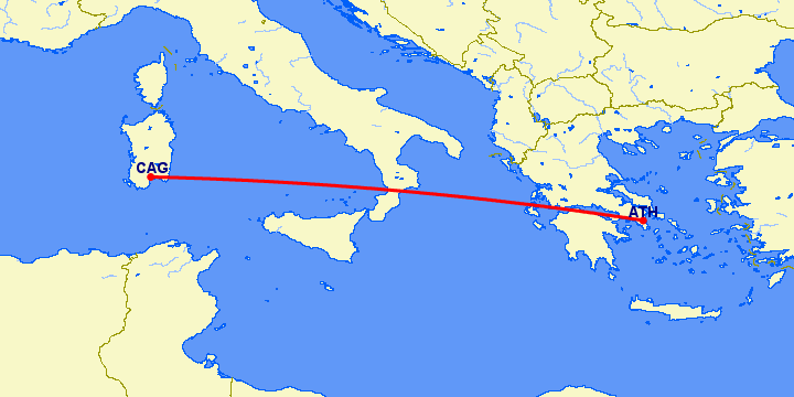 перелет Афины — Кальяри на карте