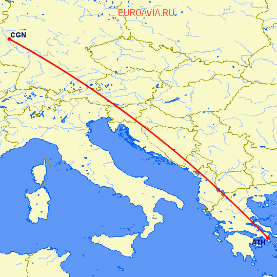 перелет Афины — Кельн на карте