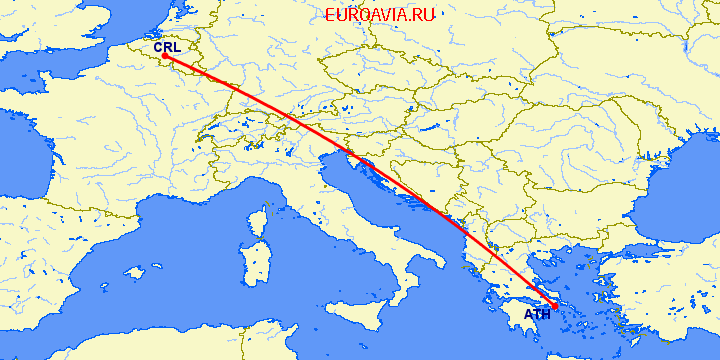 перелет Афины — Шарлеруа на карте