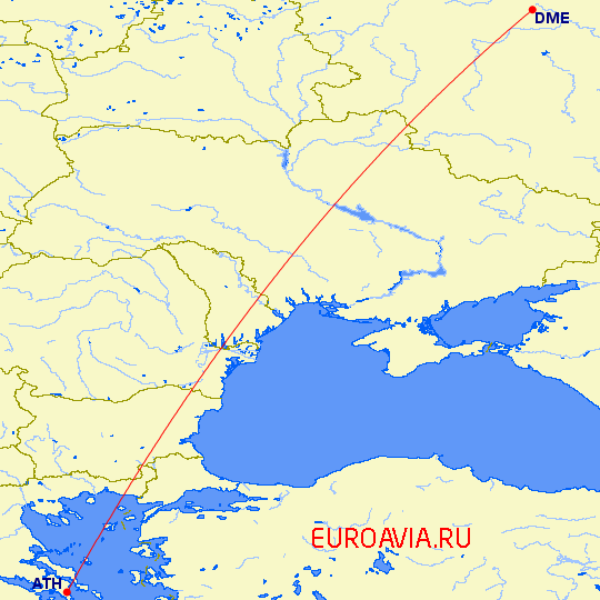 перелет Афины — Москва на карте